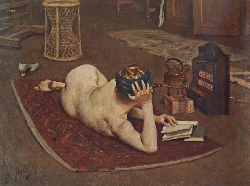 Bernard Hall Nude Reading at studio fire Norge oil painting art